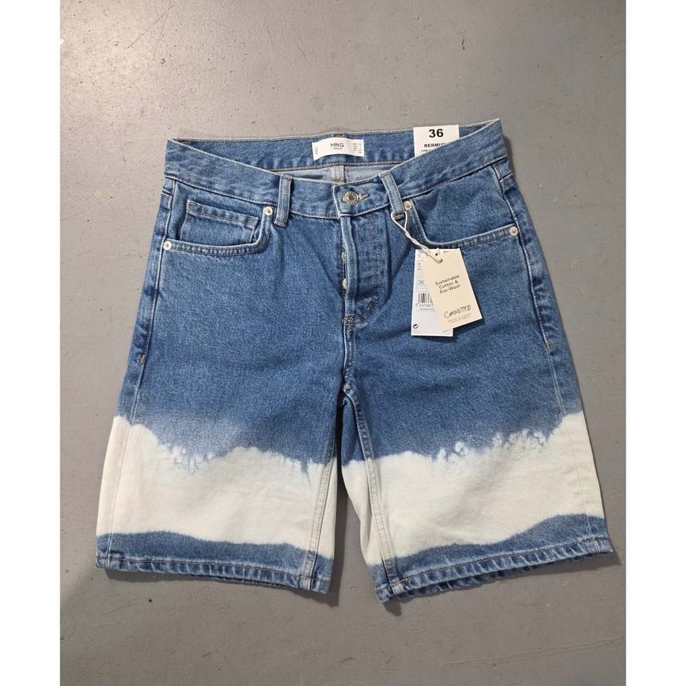 Mango Denim Bermuda Shorts high waist Tie Dye Blue White Size USA 4